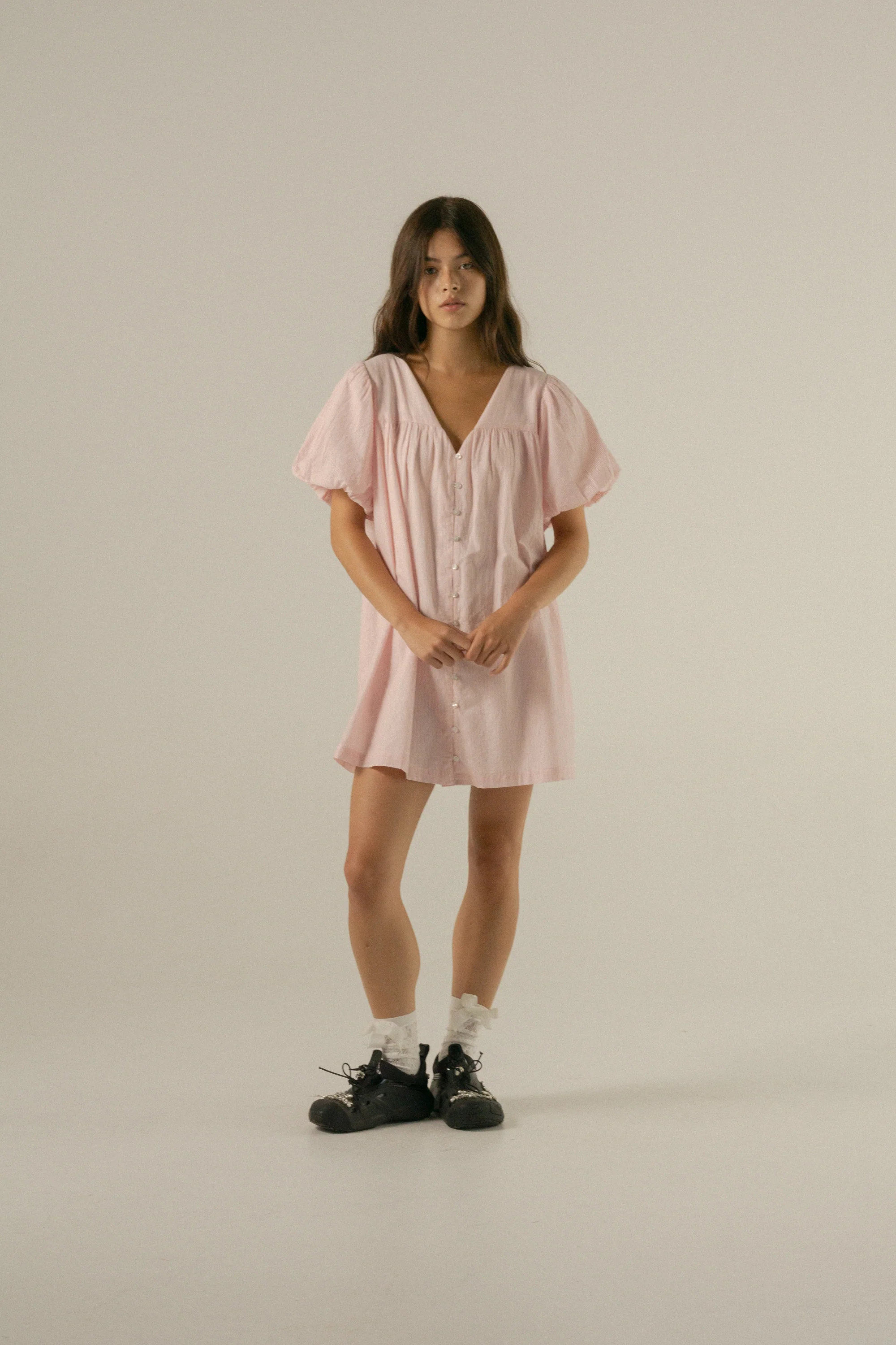 Andi Puff Mini Dress in Rosewater stripe - Image 4