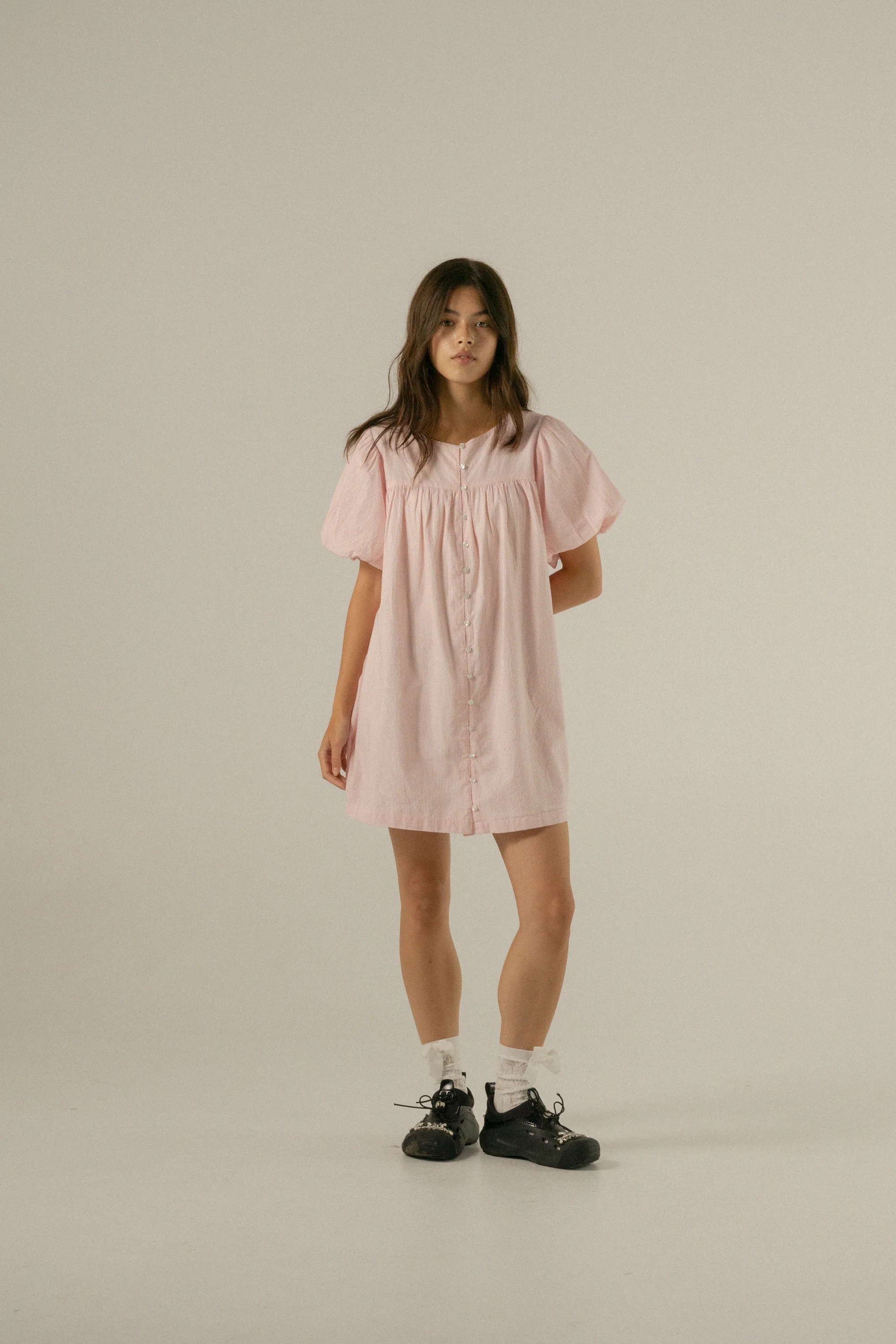 Andi Puff Mini Dress in Rosewater stripe - Image 5