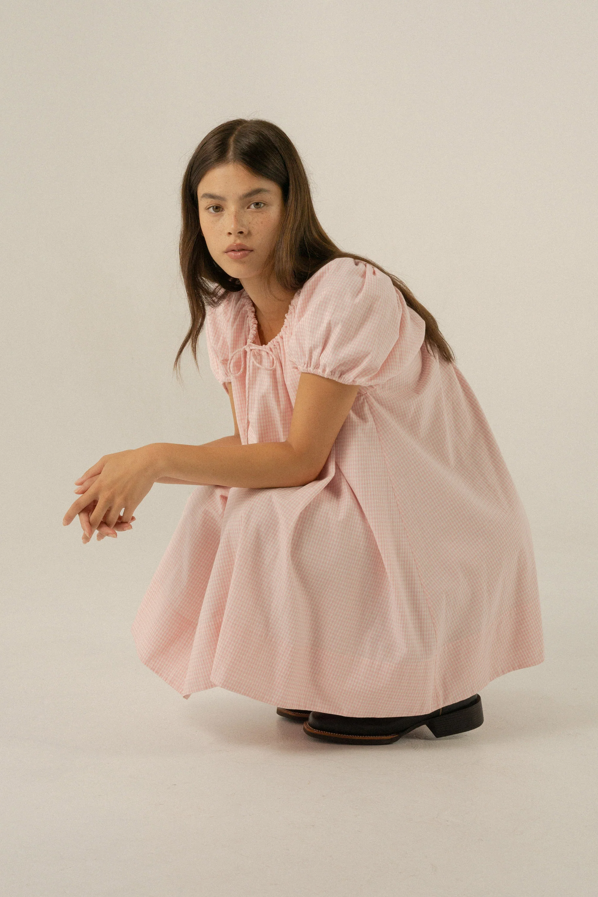 Everyday Drawcord Dress in Baby Pink Gingham - Image 3