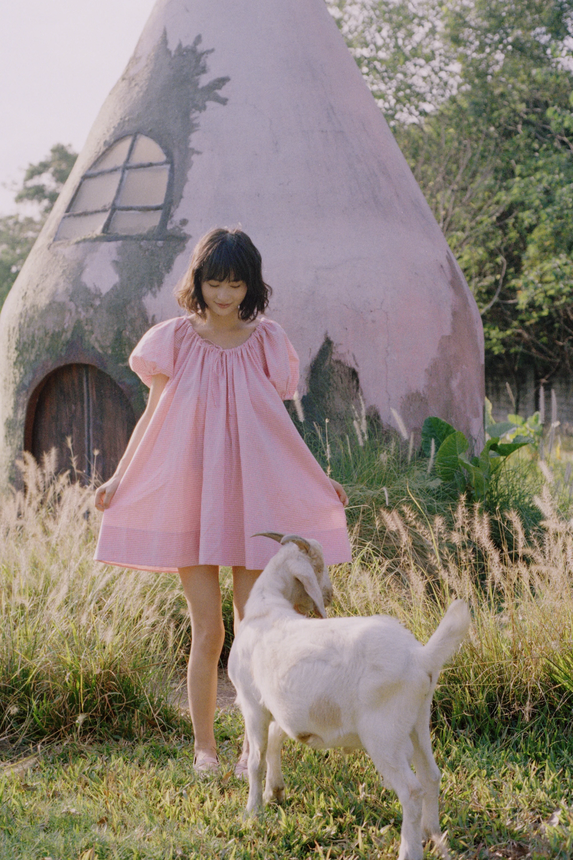 Everyday Drawcord Dress in Baby Pink Gingham - Image 4