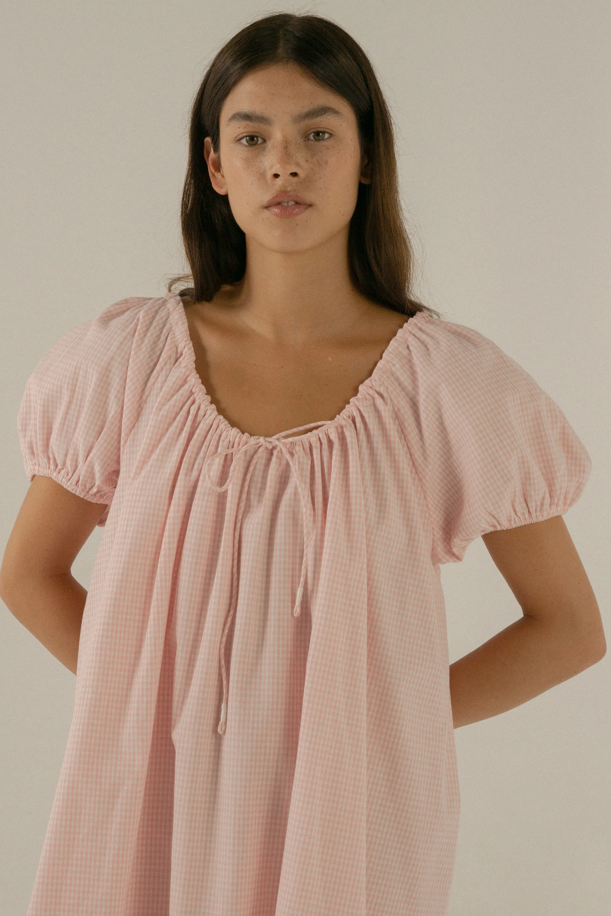 Everyday Drawcord Dress in Baby Pink Gingham - Image 8